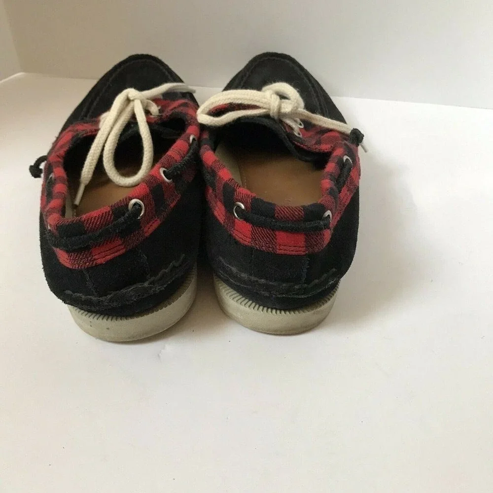 GH Bass Montauk Mens 7.5 M Black Suede Red Buffalo Plaid Boat Shoes‎ 2304-618